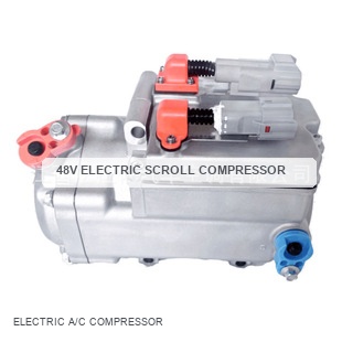 48V electric scroll compressor with English product labels, silver housing and red and blue refrigerant ports